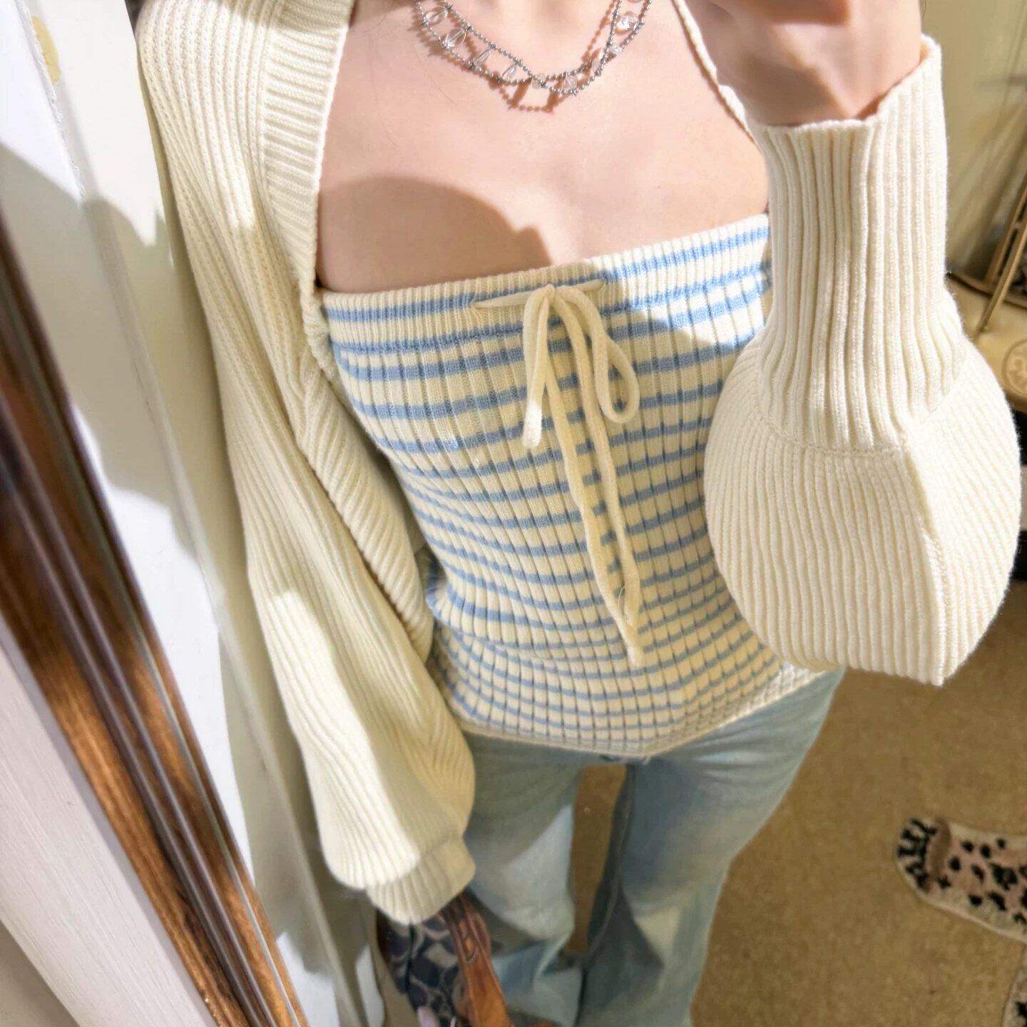 早春纯欲辣妹穿搭套装韩系甜美风撞色条纹抹胸叠穿针织开衫两件套