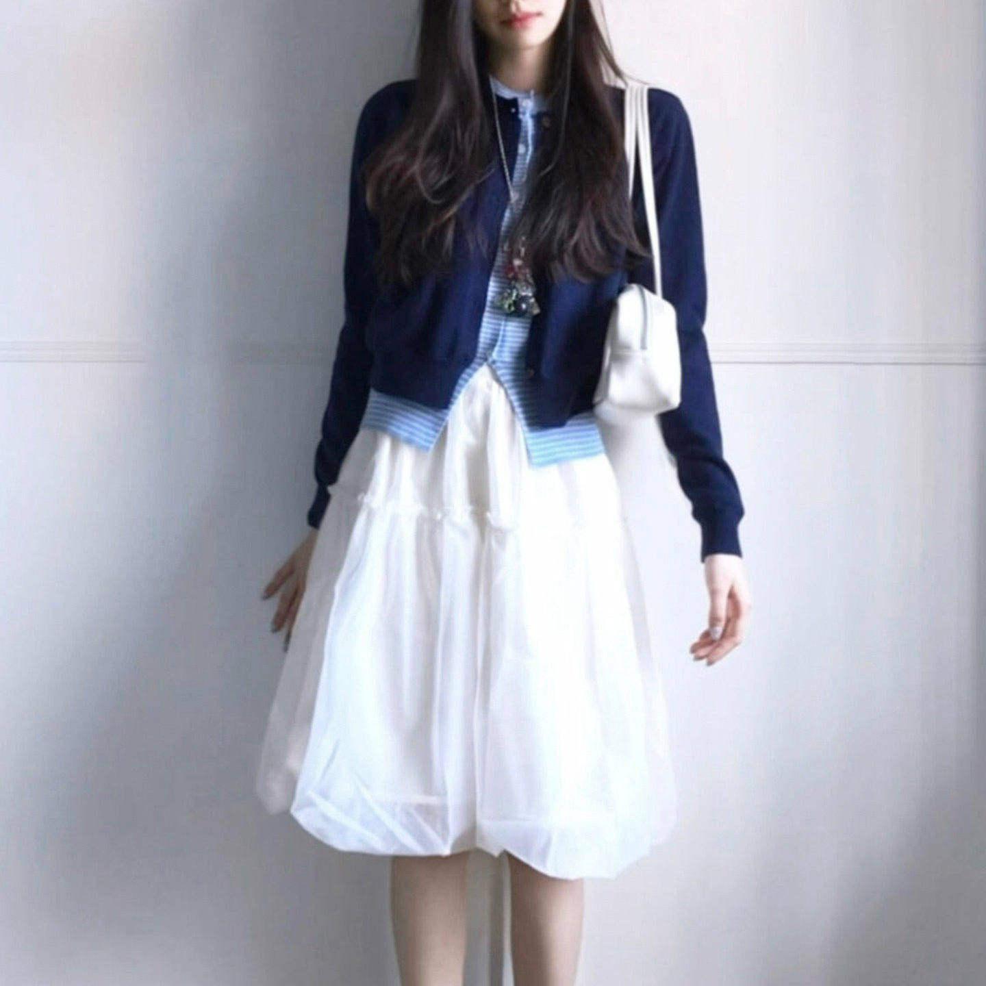 韩系藏蓝色假两件开衫上衣女春季小个子圆领条纹针织衫毛衣外套潮