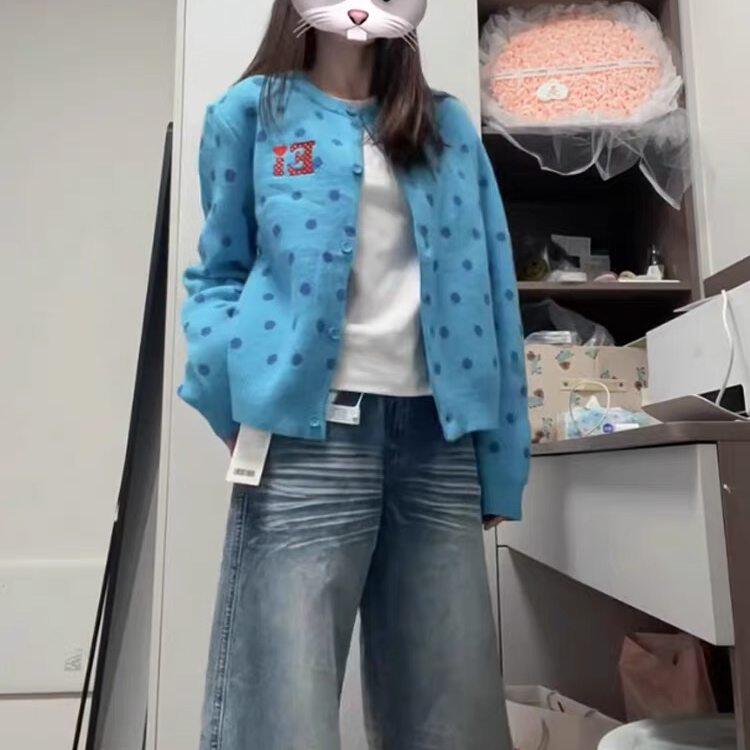 学院风蓝色波点针织开衫毛衣外套女秋小个子慵懒韩系秋冬穿搭上衣