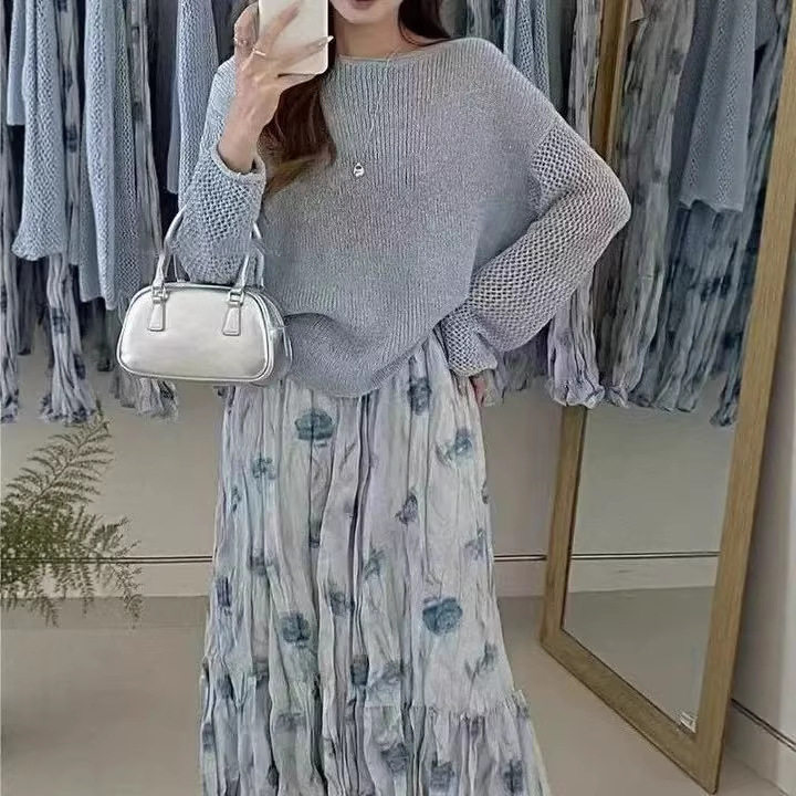 韩系气质蓝色针织衫春秋2026年新款穿搭针织毛衣慵懒风外搭上衣女