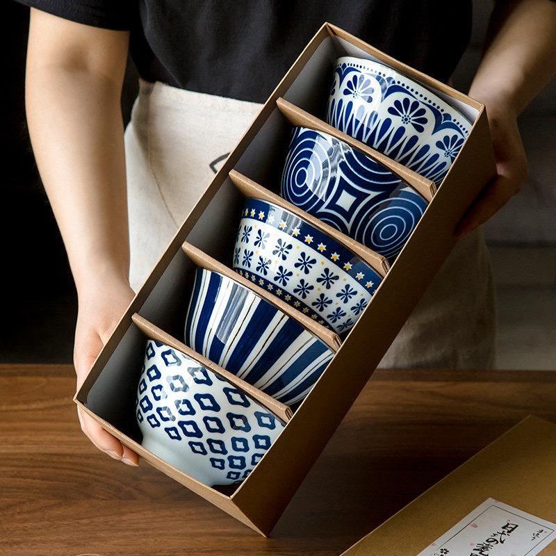 日式复古青花米饭碗家用陶瓷吃饭碗套装高颜值5个装饭碗礼盒餐具