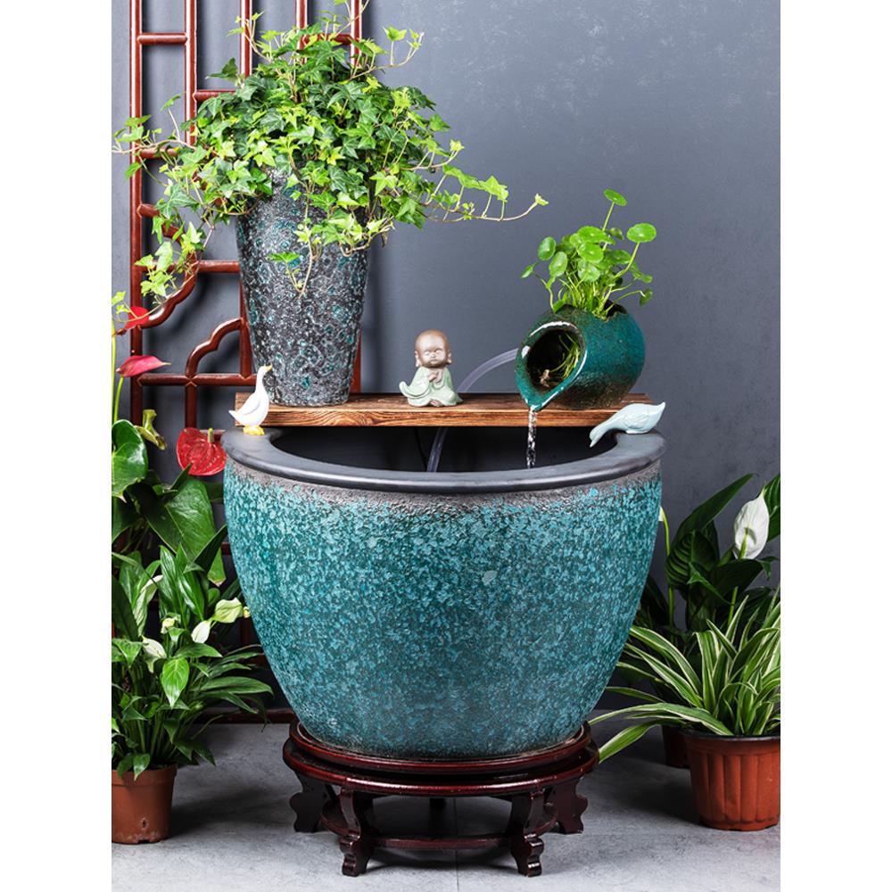 陶瓷大缸古法养鱼缸客厅阳台落地金鱼缸陶罐循环流水造景老式水缸