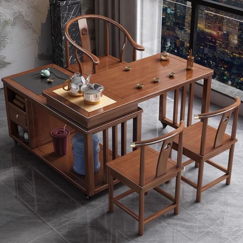 阳台旋转茶桌椅组合实木可移动小型家用办公烧水壶一体折叠泡茶台