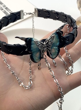 蝴蝶芒星流苏皮革项圈时尚新款甜酷辣妹锁骨链个性高级感百搭颈链