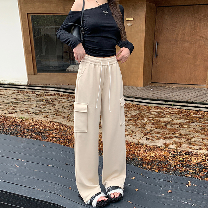 工装裤女春秋2025新款美式华棉竹炭两穿阔腿卫裤高腰拖地伞兵裤子