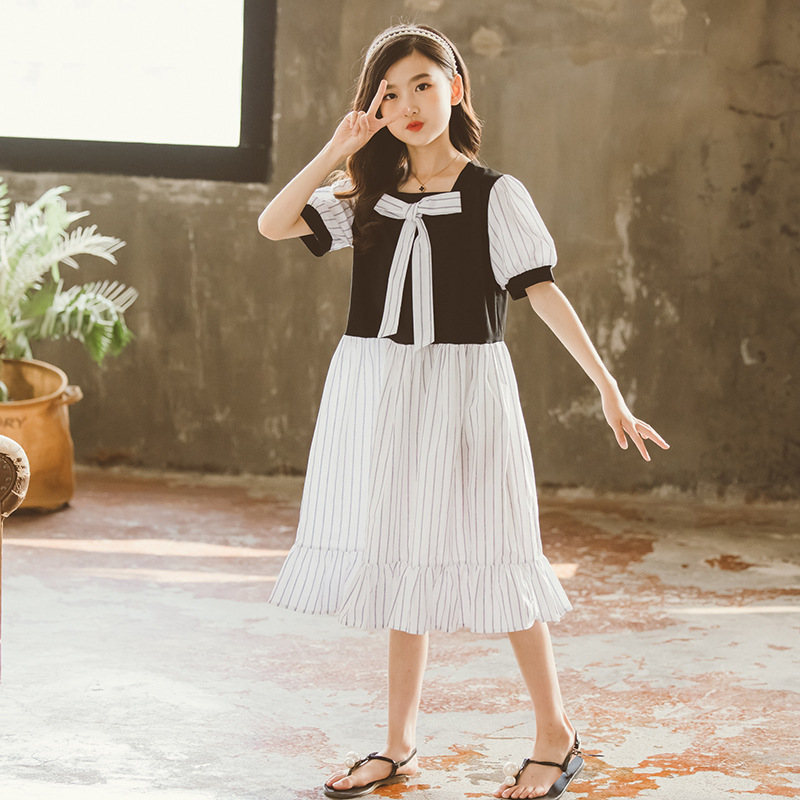 2025女童夏装连衣裙纯色裙子中大童短袖公主裙长裙一件代发新款