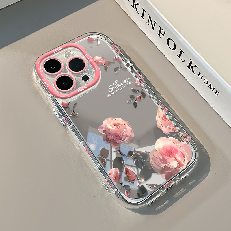粉色玫瑰花适用iPhone18镜面手机壳苹果17promax小清新16花朵15/14化妆奶油镜子13pro补妆12硅胶11/xsmax女
