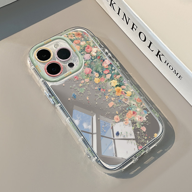 尼骆适用iPhone18镜面手机壳彩色蝴蝶花朵苹果17promax夏季16油画15/14奶油镜子13pro补妆12硅胶11/xsmax女款