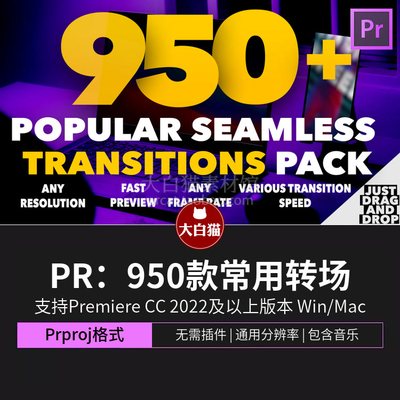 pr转场模板950款冲击划像故障摇甩缩放常用转场合集Premiere模板