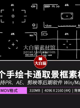 相机动画 4组PrAe达芬奇手绘卡通风格拍照界面相机取景框视频素材