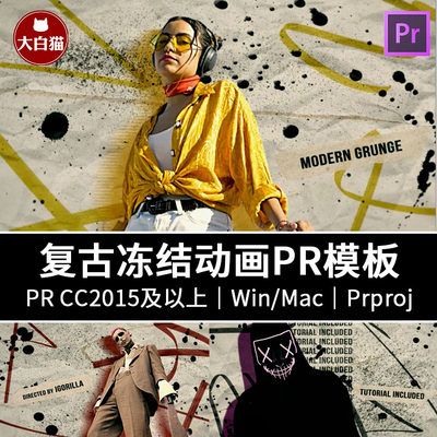 PR幻灯片模板 复古创意飞溅冻结介绍人物动画预告片头视频PR模板