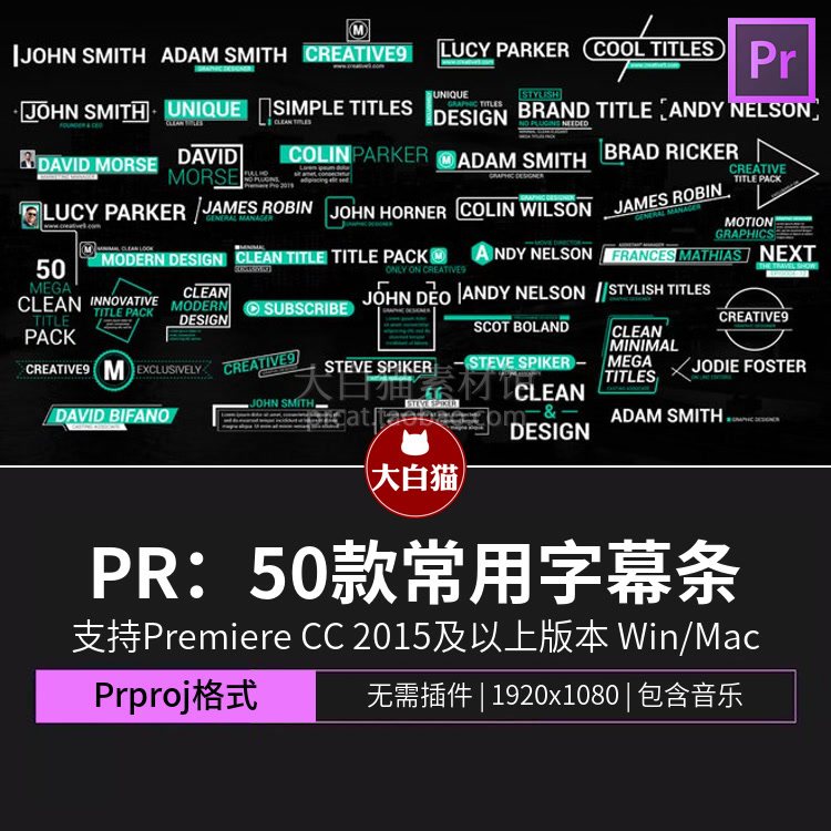 pr字幕条 50款常用经典简约干净商务线条文字动画人名条字幕动画
