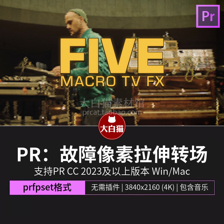 Pr预设 故障复古电视屏幕失真VHS画面扭曲像素拉伸转场效果pr特效