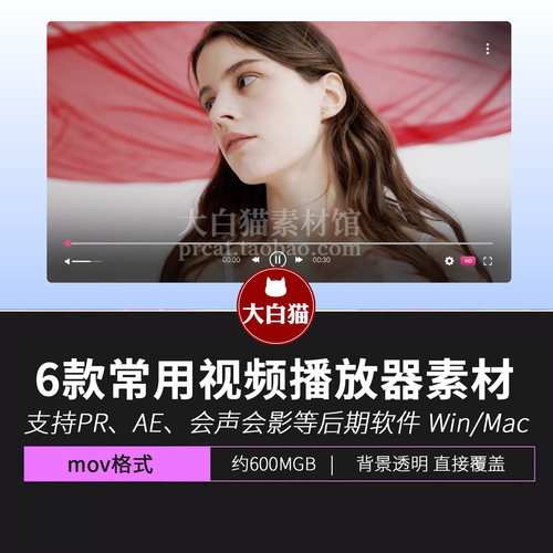 视频播放素材 6款模拟常用的带透明通道MOV叠加层播放器边框