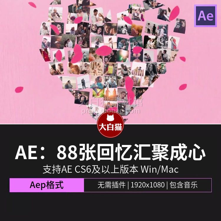 ae模板 88张图片照片散落汇聚成心形花瓣浪漫情人节婚礼视频模板