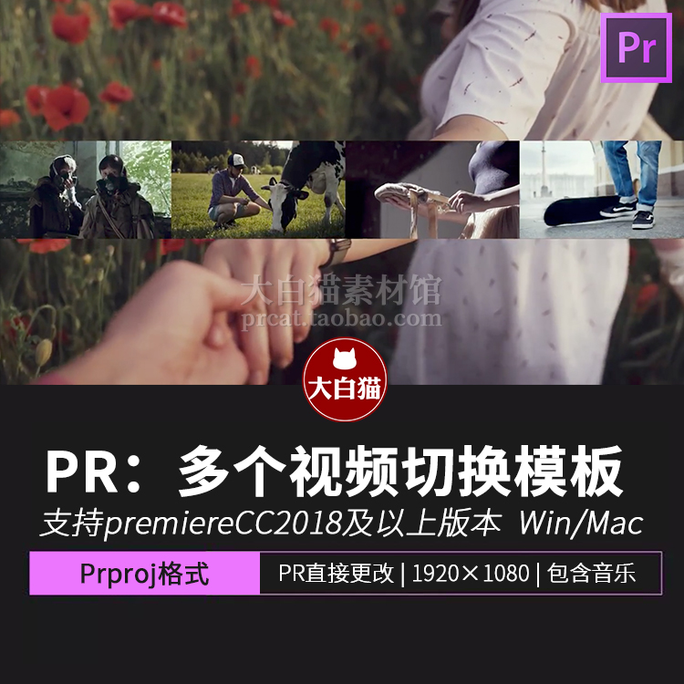 PR多个视频切换展示模板 分屏照片排版放大轮播浏览PR模板