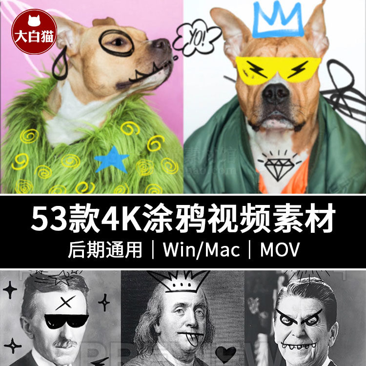 视频素材 53个4k背景透明涂鸦手绘贴纸表情元素图形动画