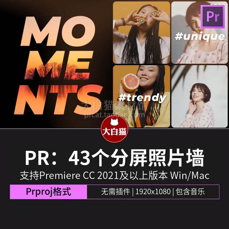 PR模板 43个分屏照片墙婚礼商务模特幻灯片轮播放映premiere模板