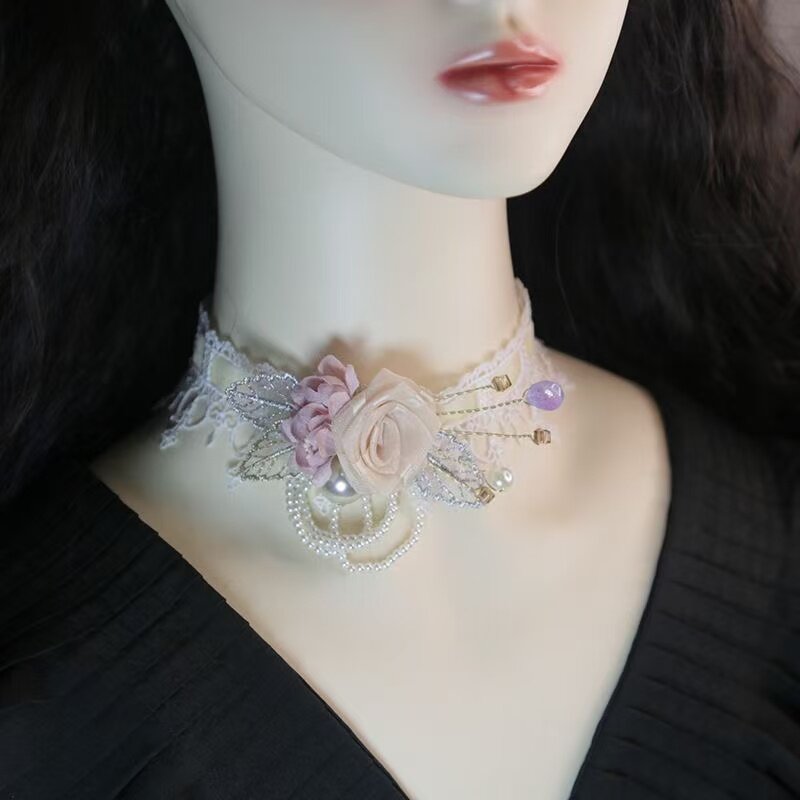 蕾丝网纱花朵项链女珍珠装饰薄款百搭假领子颈链