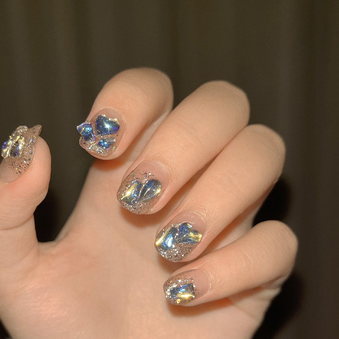 落雨山泉~清冷银色美甲冰钻爆闪高级气质短圆款纯手工定制穿戴甲