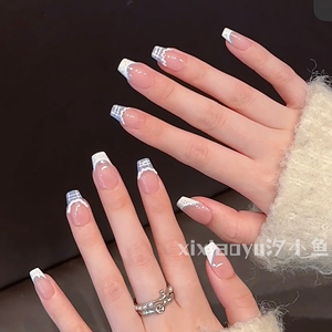 奶油小蓝//春日小清新美甲穿戴甲手工甲片手绘格子法式百搭可拆卸
