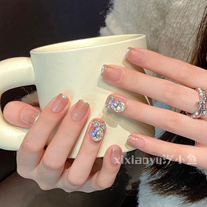 法式裸色自然带钻手工穿戴甲高级感显白成品美甲贴片新娘婚甲短款