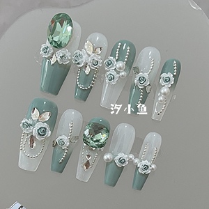 纯手工新中式 国风穿戴甲轻奢雕花美甲华子钻宝石假指甲成品贴片