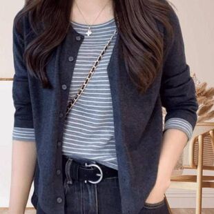 女百搭女秋季设计感针织衫长袖假两件妈妈装新款撞色上衣韩版条纹