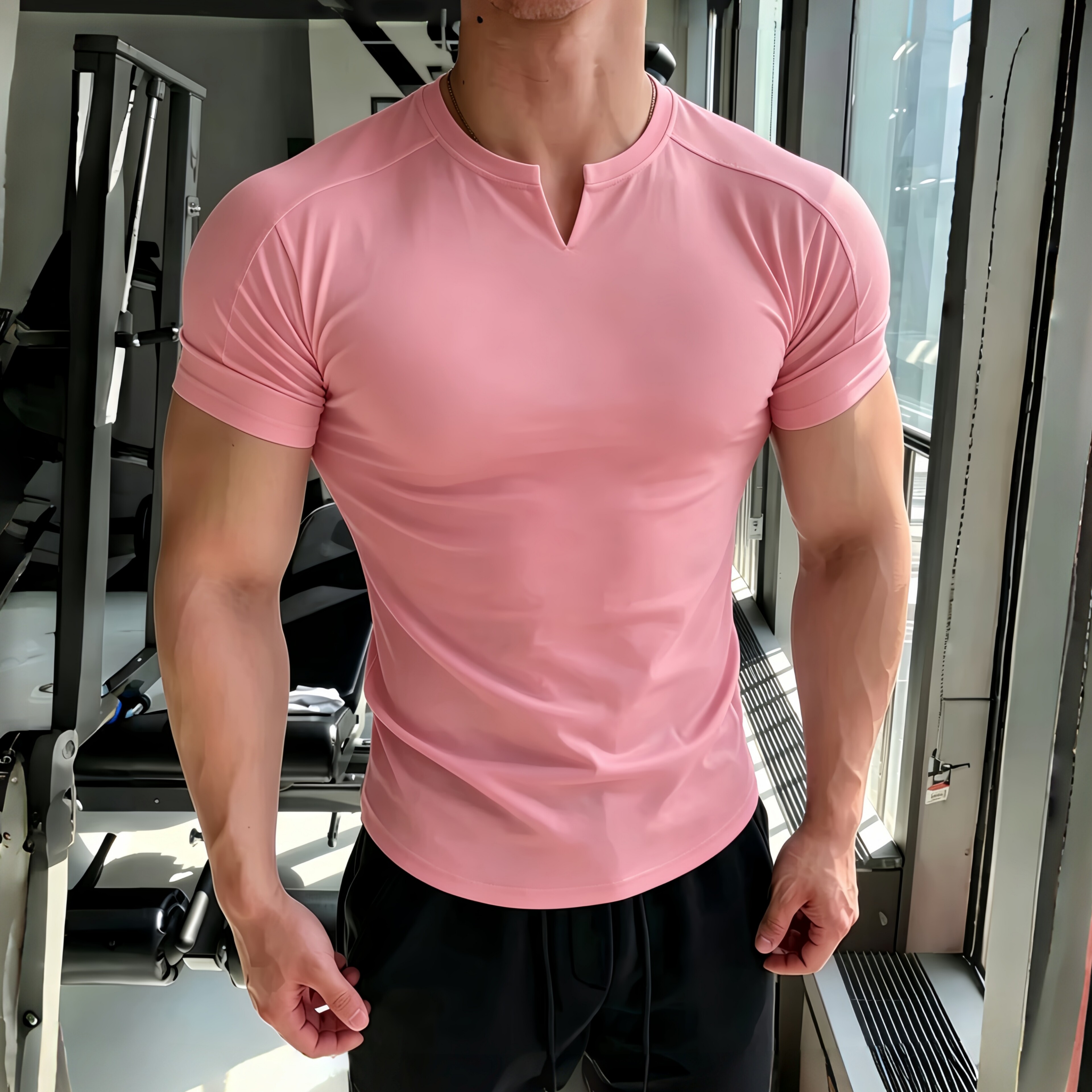肌肉健身男运动休闲V领T恤夏短袖跑步训练服圆领透气弹力修身篮球
