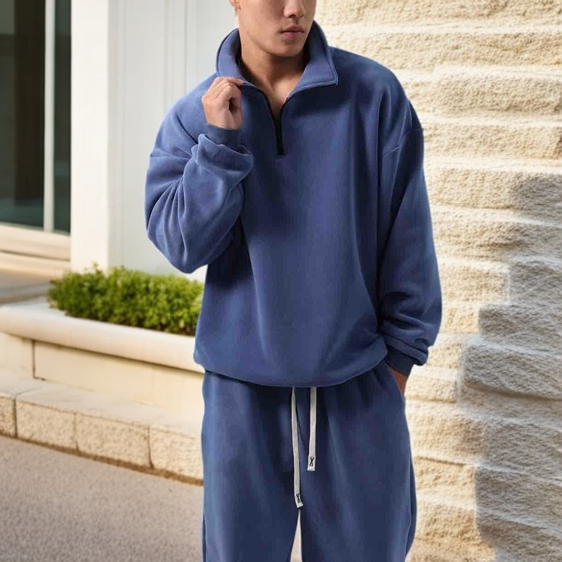 肌肉健身跑步加绒运动卫衣长裤套装男套头立领衫宽松韩版保暖上衣