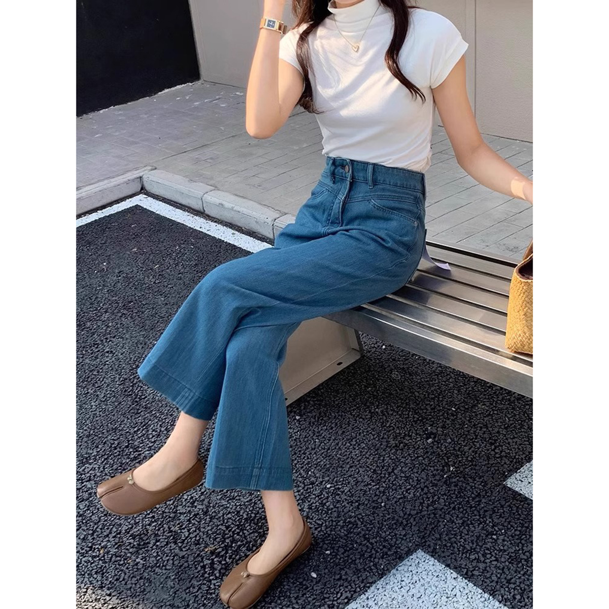 深蓝色牛仔裤女夏季2025新款高腰显瘦宽松垂感薄款九分直筒阔腿裤