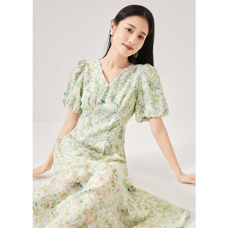 RTKKV领泡泡袖碎花连衣裙女