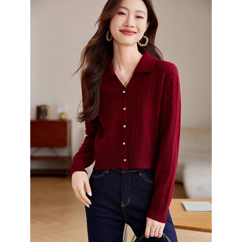 红色针织开衫毛衣女春秋2025新款法式气质显瘦宽松短款翻领打底衫,女装/女士精品,羊绒衫,淘宝优惠券,粉丝福利购,淘宝优惠卷