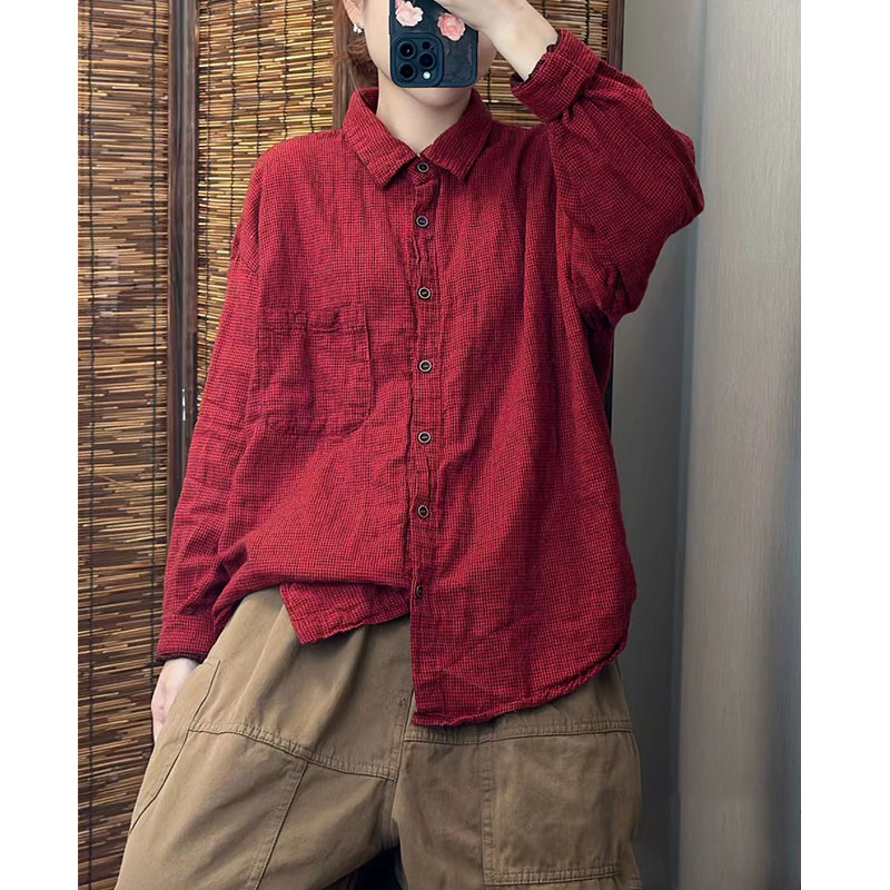 红色格子衬衫女春秋2025新款设计感小众显瘦宽松复古气质叠穿衬衣