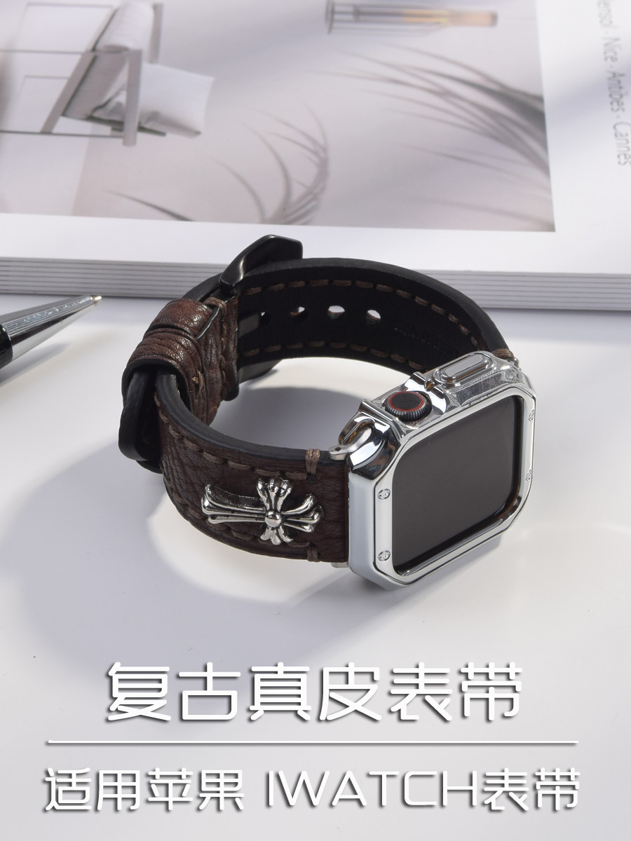 适用iwatch8表带apple watch ultra7代6真皮苹果手表se代4/3复古十字