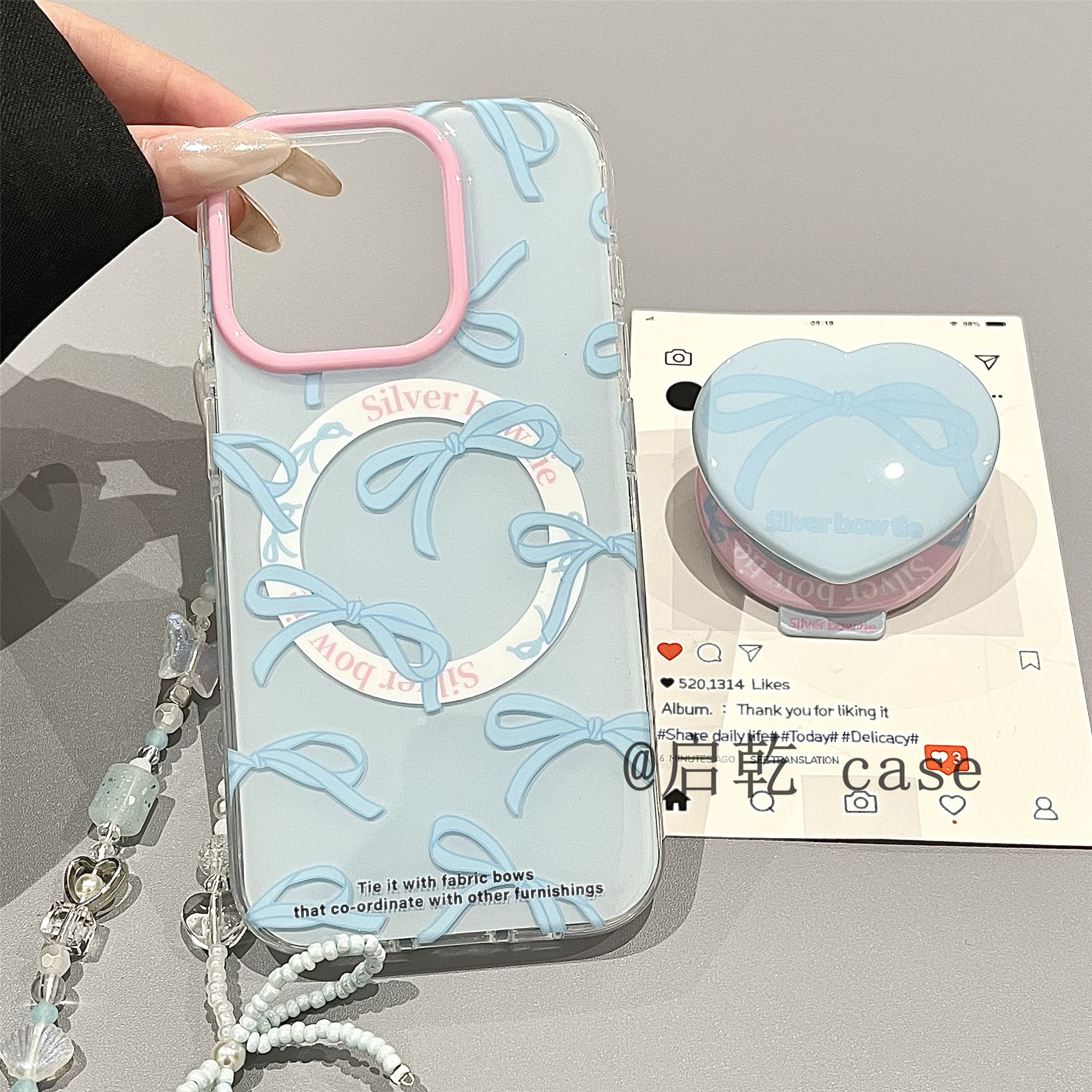 启乾 磁吸壳蓝色蝴蝶结带支架iPhone16/15手机壳适用苹果14/13promax硬壳链条挂绳少女心小清新小众韩系新款