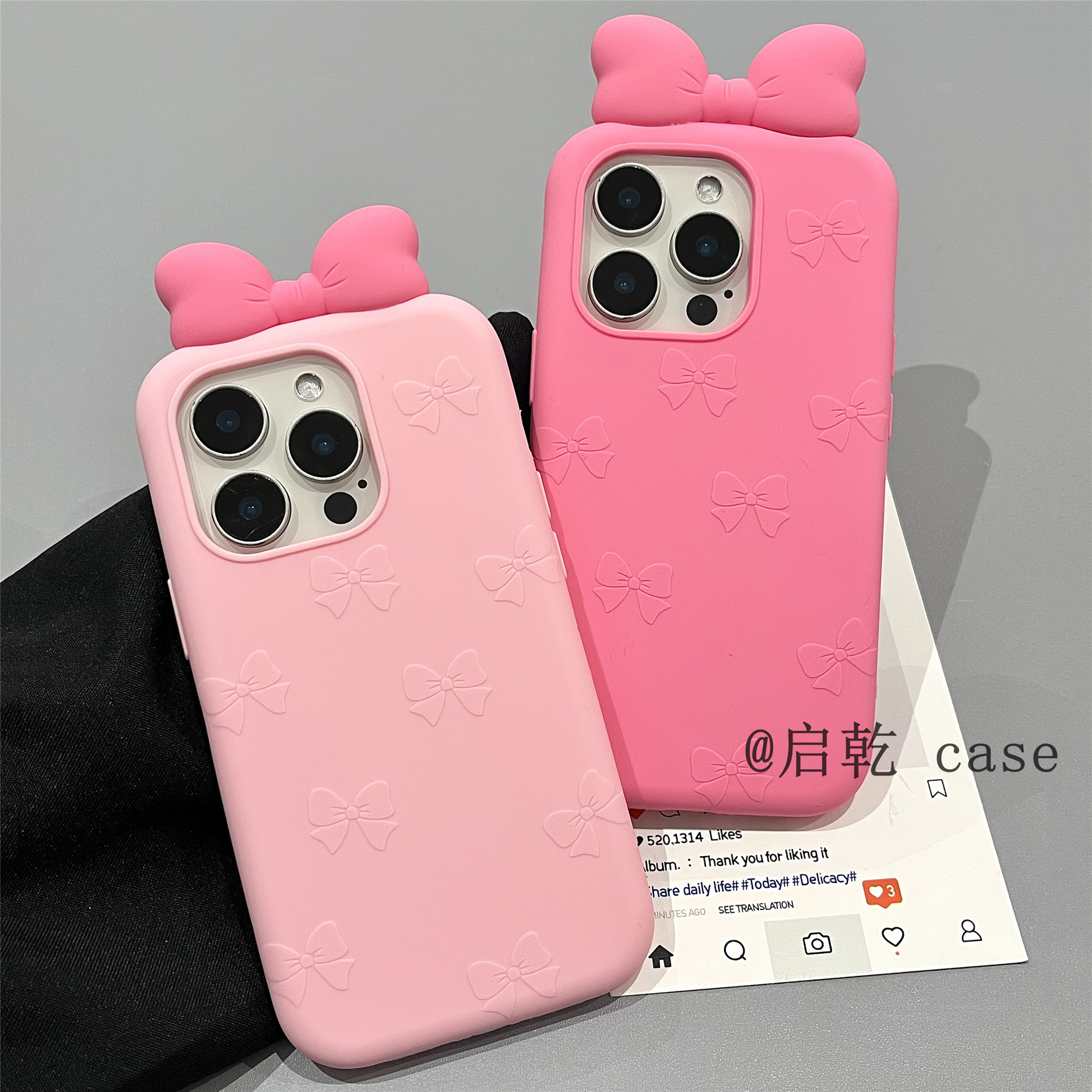 启乾 粉色立体蝴蝶结iPhone16/15手机壳适用苹果14/13promax硅胶软壳12少女心小众简约日韩ins风网红新款防摔