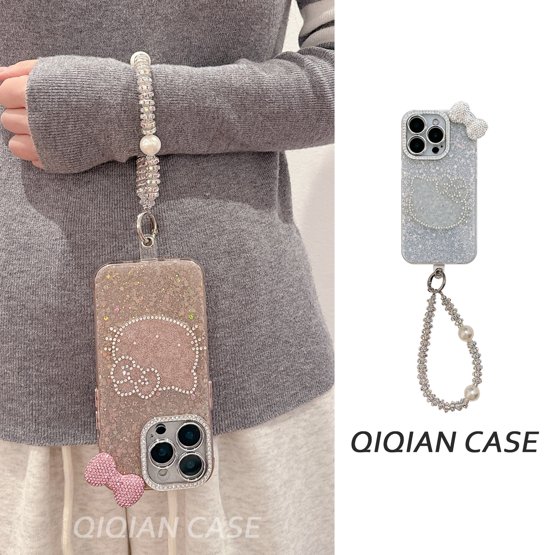 启乾 立体闪钻蝴蝶结凯蒂猫iPhone16/15手机壳适用苹果14/13promax硬壳手提链条挂绳高级感HelloKitty新款女