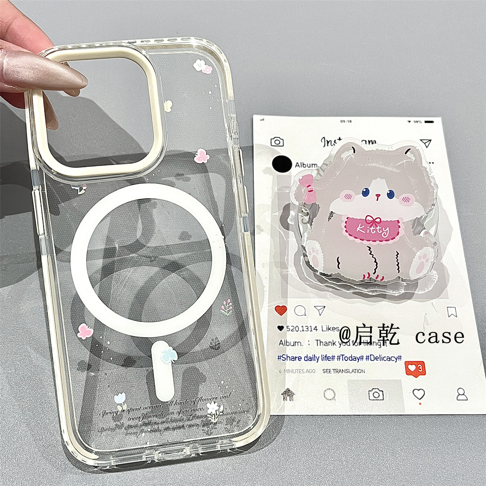 启乾 磁吸壳蝴蝶猫咪带支架iPhone16/15手机壳适用苹果14/13promax透明软壳12/11少女心可爱卡通趣味新款防摔