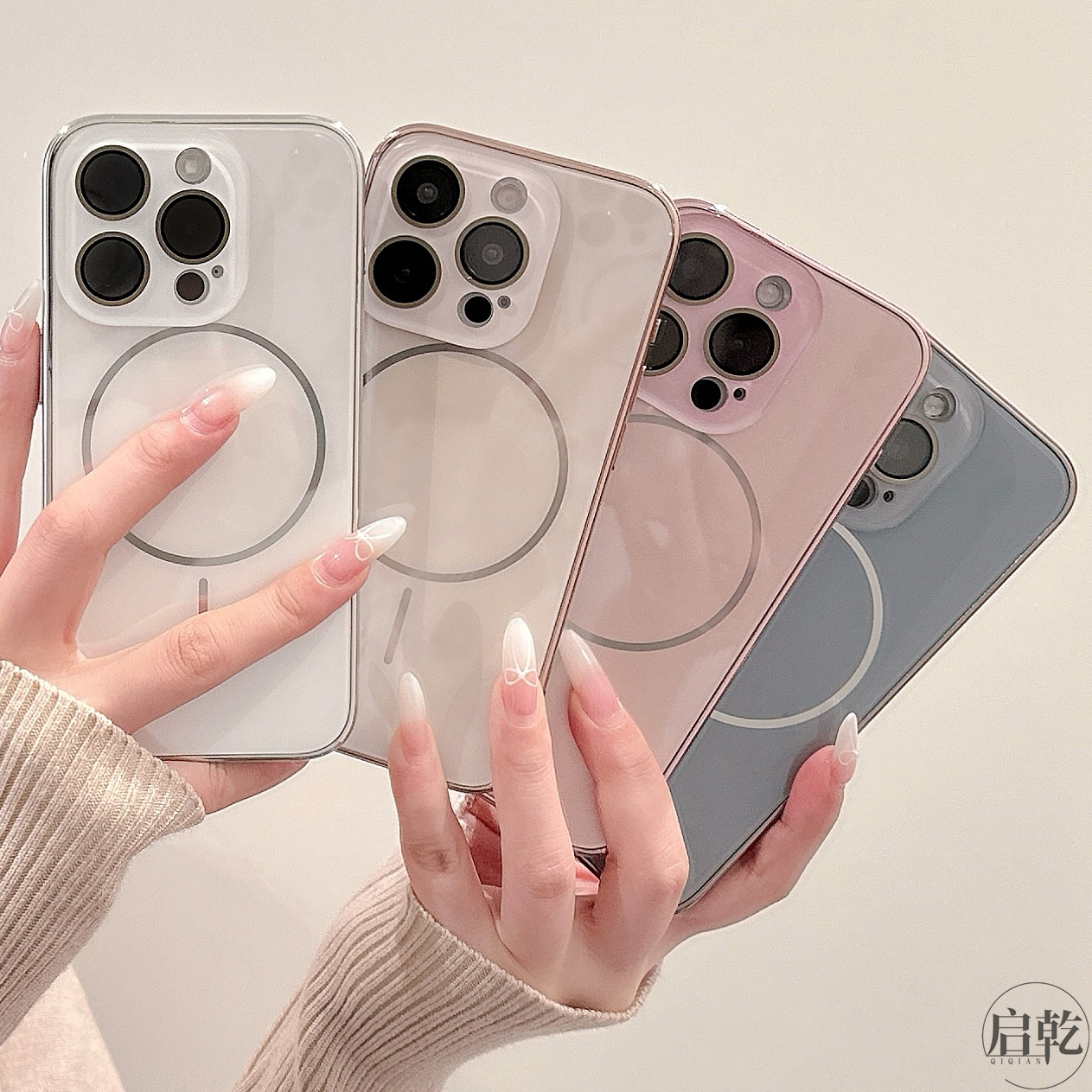 启乾 磁吸壳冰感玻璃iPhone16/15手机壳适用苹果14/13promax自带镜头膜12/11硬壳高级感简约纯色新款情侣防摔