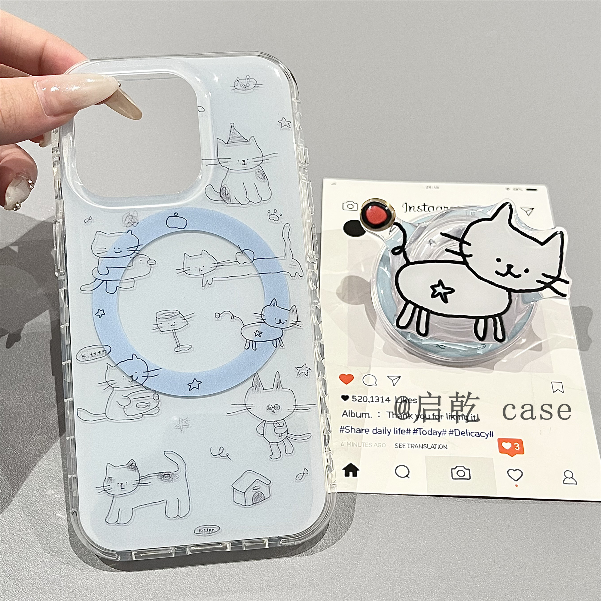 启乾 磁吸壳线条猫咪带支架iPhone16/15手机壳适用苹果14/13promax双层硬壳少女心蓝色可爱卡通小众韩系新款