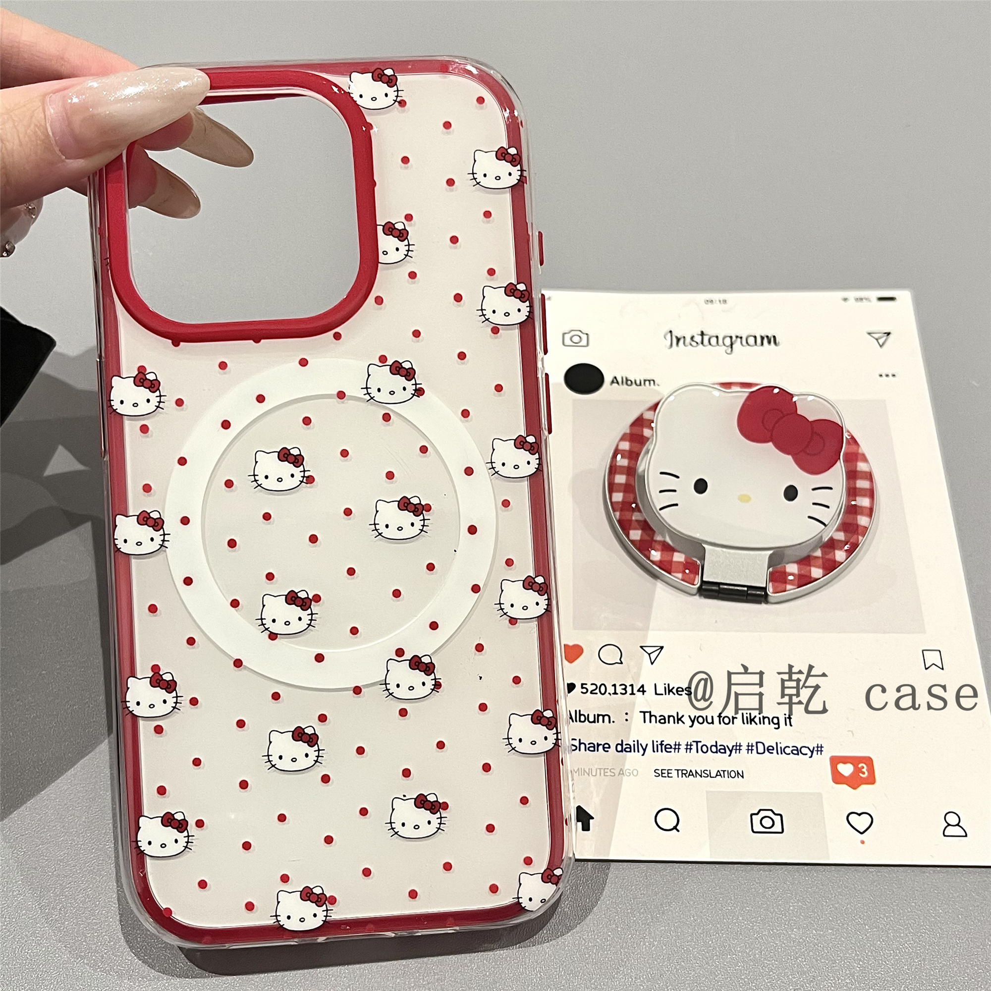 启乾 磁吸壳波点凯蒂猫折叠支架iPhone16/15手机壳适用苹果14/13promax硬壳红色格纹卡通哈喽HelloKitty新款