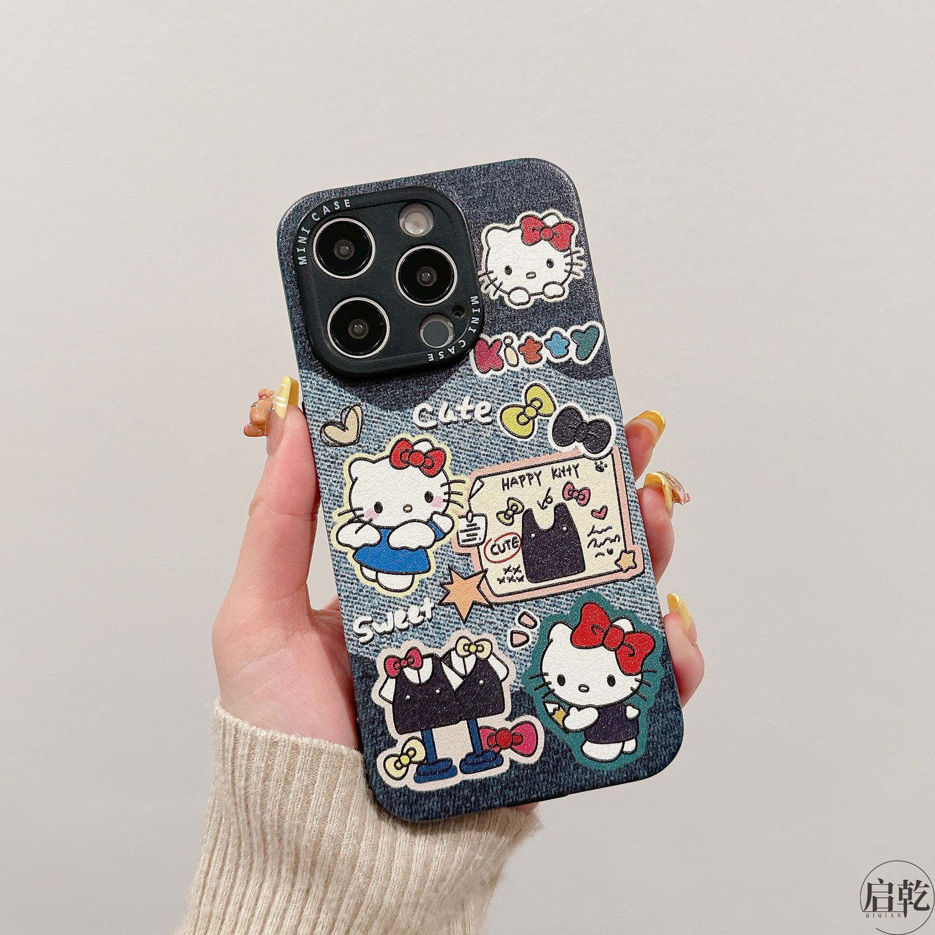 启乾 复古牛仔凯蒂猫iPhone16/15手机壳适用苹果14/13promax皮质软壳可爱卡通哈喽HelloKitty新款全包甜酷女