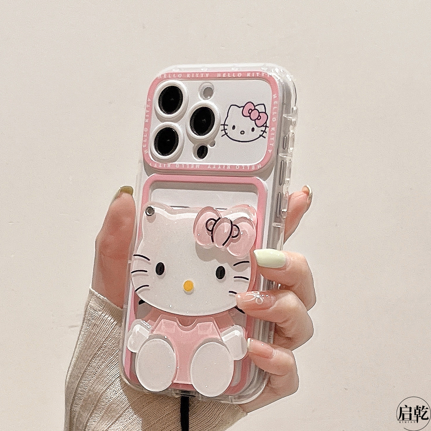 启乾 镜面粉色凯蒂猫iPhone16/15手机壳适用苹果14/13promax卡包卡套插卡12软壳11链条挂绳HelloKitty镜子女
