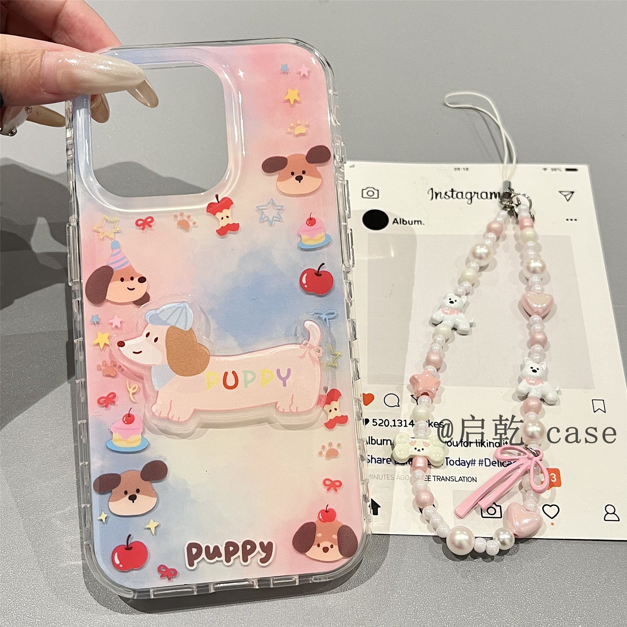 启乾 晕染立体腊肠狗腕带iPhone16/15手机壳适用苹果14promax双层硬壳链条挂绳少女心可爱卡通趣味新款防摔