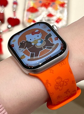 启乾 卡通新款骑马凯蒂猫适用iwatchs10/9苹果Applewatch7手表表带SE8橙色硅胶透气6运动5/4/3可爱少女心ins
