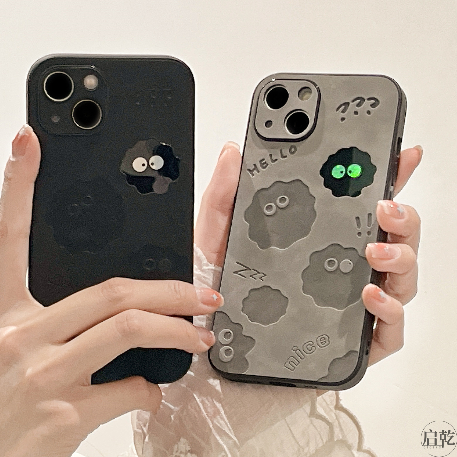 镭射可爱煤球iphone16/15/14手机壳适用苹果13promax皮质硬壳12/11个性创意14plus卡通xsmax高级感xr情侣启乾