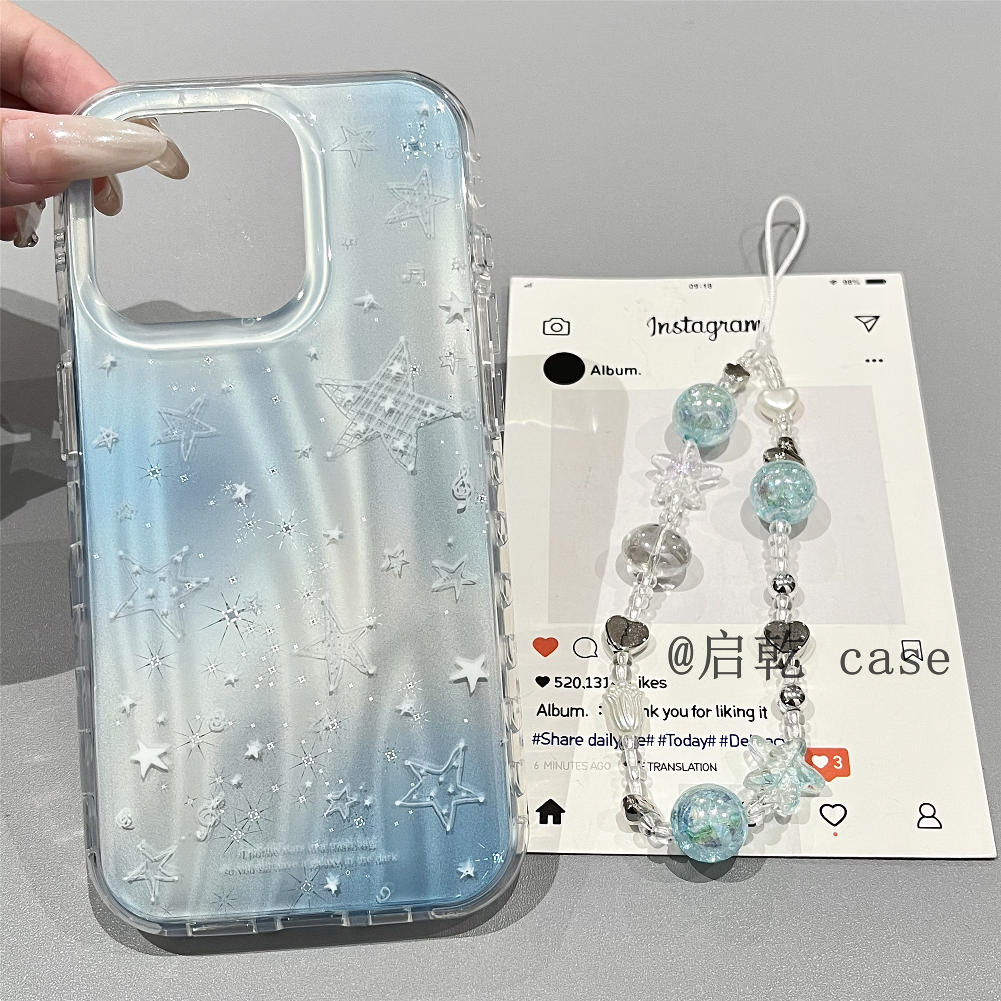 启乾 镭射渐变蓝色星星腕带iPhone16/15手机壳适用苹果14/13promax双层硬壳链条挂绳高级感小众日韩ins风新款