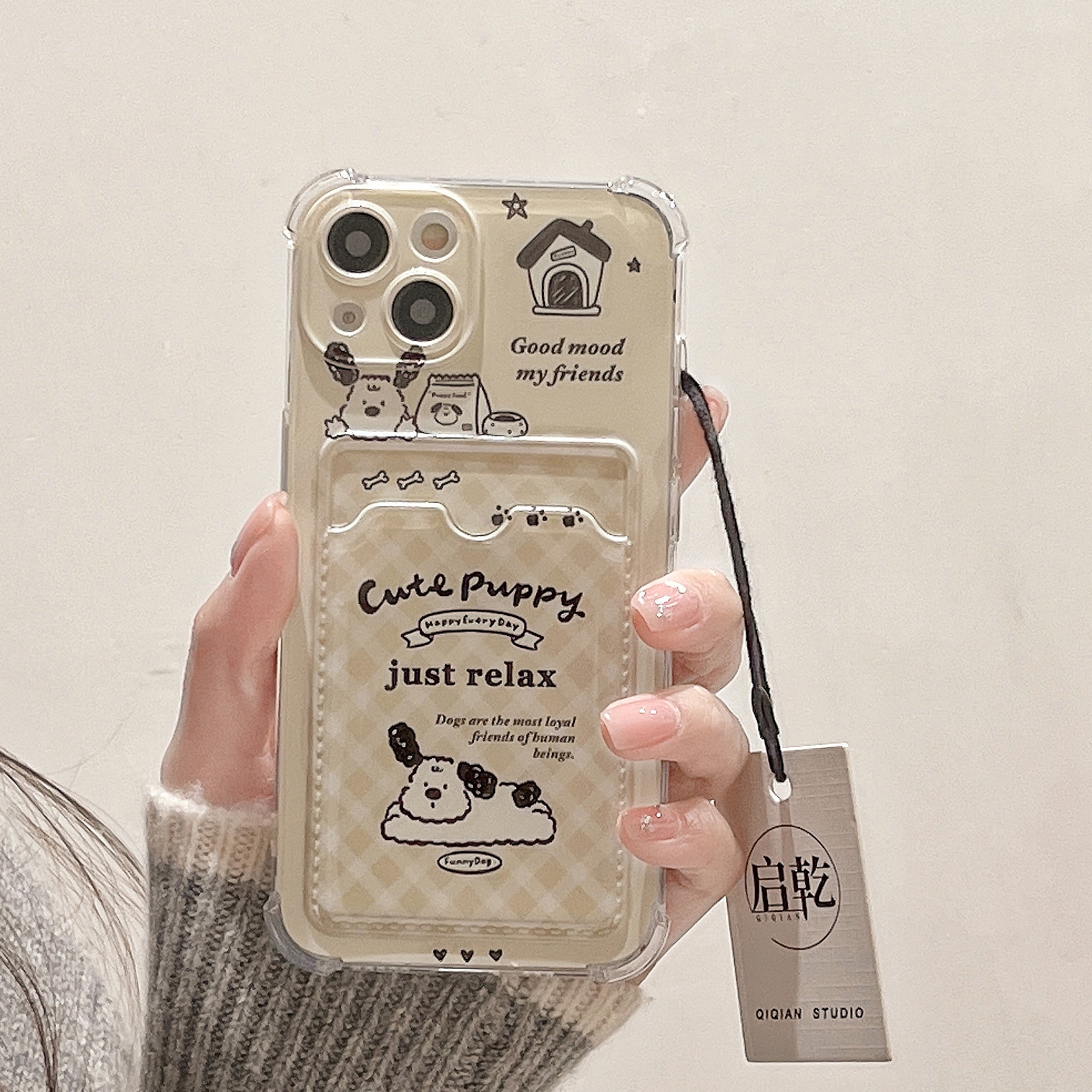 启乾 涂鸦菱格狗狗iPhone16/15手机壳适用苹果14/13promax卡包卡套插卡12硅胶软壳11少女心可爱卡通小众新款