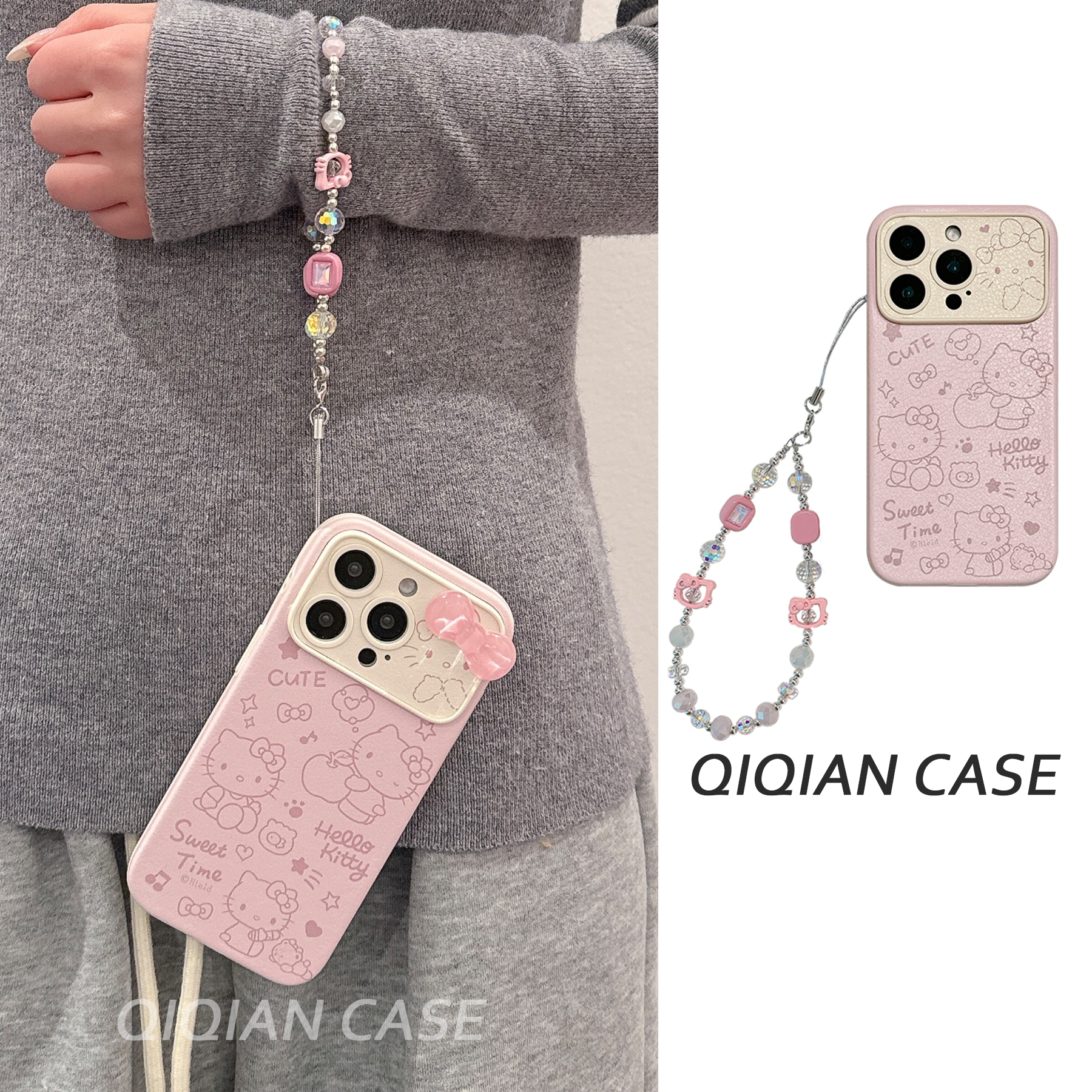 启乾 粉色线条凯蒂猫腕带iPhone16/15手机壳适用苹果14/13promax皮质软壳12链条挂绳可爱哈喽HelloKitty新款